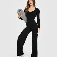 SoftMotion™ Scoop Neck Long Sleeve Top with Built in Bra Shelf with White Logo | Black