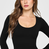 SoftMotion™ Scoop Neck Long Sleeve Top with Built in Bra Shelf with White Logo | Black