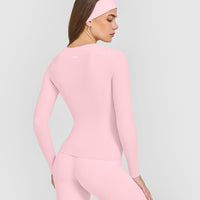 SoftMotion™ Scoop Neck Long Sleeve Top with Built in Bra Shelf with White Logo | Cherry Blossom Pink