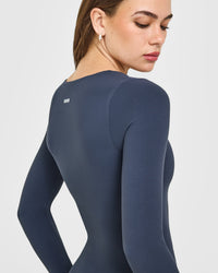 SoftMotion™ Scoop Neck Long Sleeve Top with Built in Bra Shelf with White Logo | True Blue