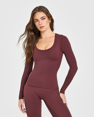 SoftMotion™ Scoop Neck Long Sleeve Top with Built in Bra Shelf with White Logo | Velvet Mocha