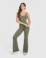 SoftMotion™ Scoop Back Flared All In One Long with White Logo | Alpine Green