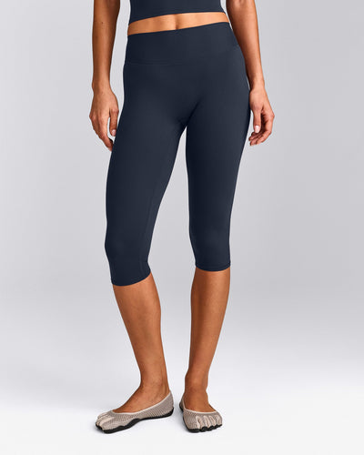 SoftMotion™ High Waisted Capri Leggings with Grey Logo | True Blue