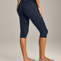 SoftMotion™ High Waisted Capri Leggings with Grey Logo | True Blue