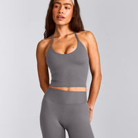 SoftMotion™ Strappy Halter Neck Mid Vest with Built in Bra Shelf with Grey Logo | Ash Grey