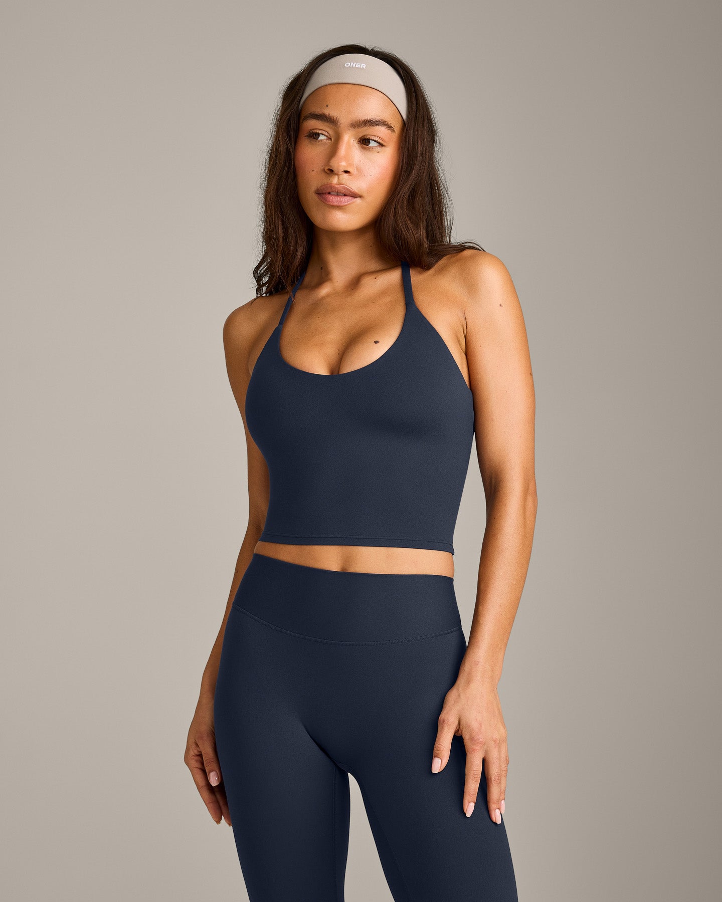 SoftMotion™ Strappy Halter Neck Mid Vest with Built in Bra Shelf with Grey Logo | True Blue