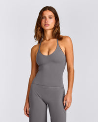 SoftMotion™ Strappy Halter Neck Vest with Built in Bra Shelf with Grey Logo | Ash Grey
