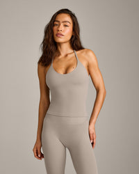 SoftMotion™ Strappy Halter Neck Vest with Built in Bra Shelf with White Logo | Warm Sand
