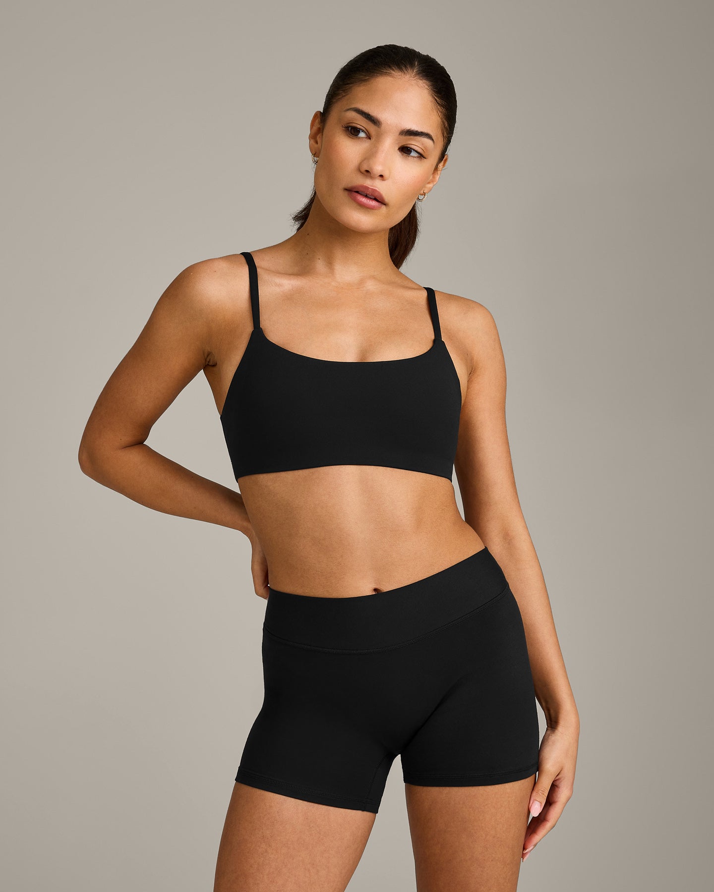 SoftMotion™ Strappy Sports Bra with Grey Logo | Black