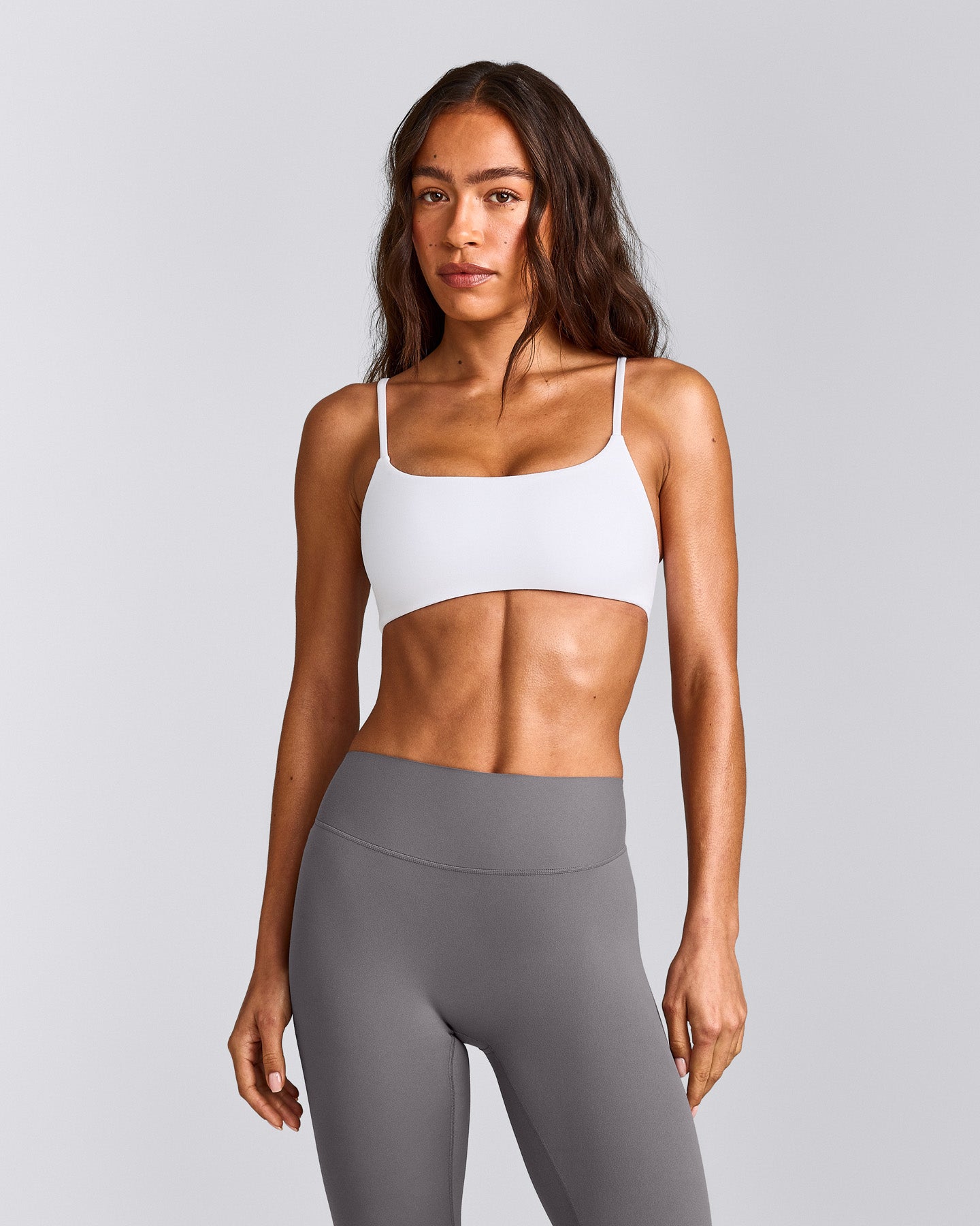 SoftMotion™ Strappy Sports Bra with Grey Logo | White