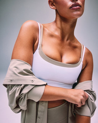 SoftMotion™ Strappy Sports Bra with Grey Logo | White