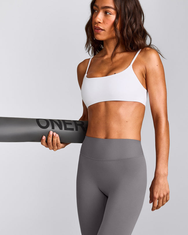 SoftMotion™ Strappy Sports Bra with Grey Logo | White