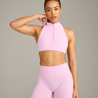 EasyLift™ Zip High Neck Sports Bra with Grey Logo | Chalk Pink