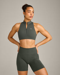 EasyLift™ Zip High Neck Sports Bra with Grey Logo | Dark Khaki
