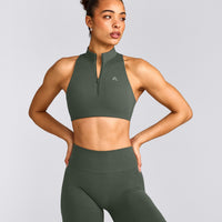 EasyLift™ Zip High Neck Sports Bra with Grey Logo | Dark Khaki