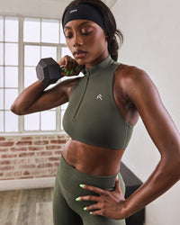 EasyLift™ Zip High Neck Sports Bra with Grey Logo | Dark Khaki