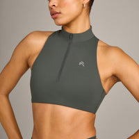 EasyLift™ Zip High Neck Sports Bra with Grey Logo | Dark Khaki