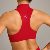 EasyLift™ Zip High Neck Sports Bra with Grey Logo | Fiery Red