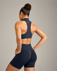 EasyLift™ Zip High Neck Sports Bra with Grey Logo | True Blue