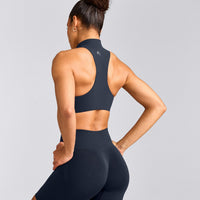 EasyLift™ Zip High Neck Sports Bra with Grey Logo | True Blue