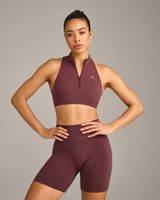 EasyLift™ Zip High Neck Sports Bra with Grey Logo | Velvet Mocha