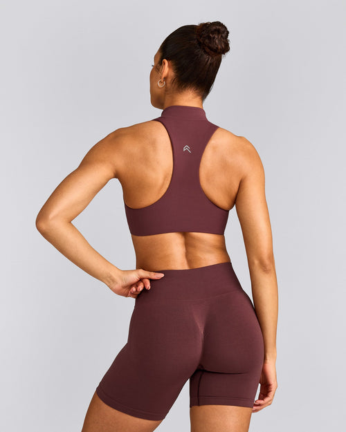 EasyLift™ Zip High Neck Sports Bra with Gray Logo | Velvet Mocha