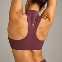 EasyLift™ Zip High Neck Sports Bra with Grey Logo | Velvet Mocha
