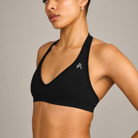 EffortlessLift™ Seamless Halter Neck Sports Bra with Grey Logo | Black