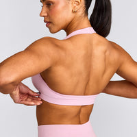 EffortlessLift™ Seamless Halter Neck Sports Bra with Gray Logo | Chalk Pink
