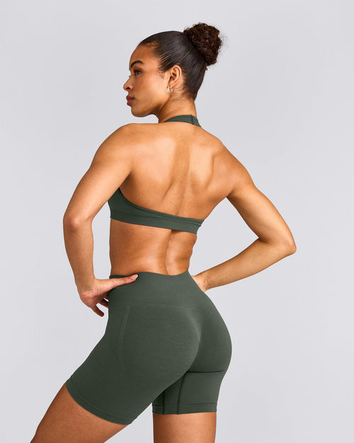 EffortlessLift™ Seamless Halter Neck Sports Bra with Gray Logo | Dark Khaki
