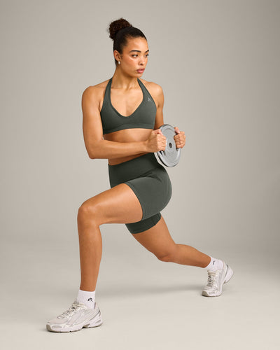 EffortlessLift™ Seamless Halter Neck Sports Bra with Grey Logo | Dark Khaki