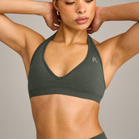 EffortlessLift™ Seamless Halter Neck Sports Bra with Grey Logo | Dark Khaki