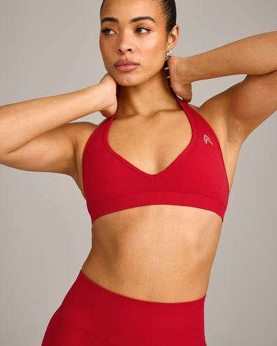 EffortlessLift™ Seamless Halter Neck Sports Bra with Grey Logo | Fiery Red
