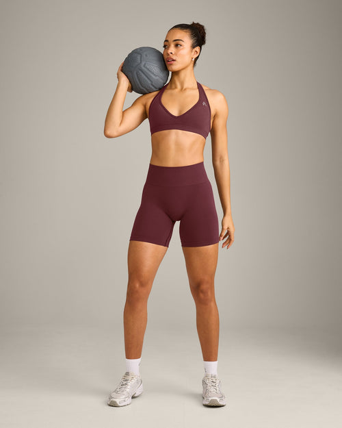 EffortlessLift™ Seamless Halter Neck Sports Bra with Grey Logo | Velvet Mocha