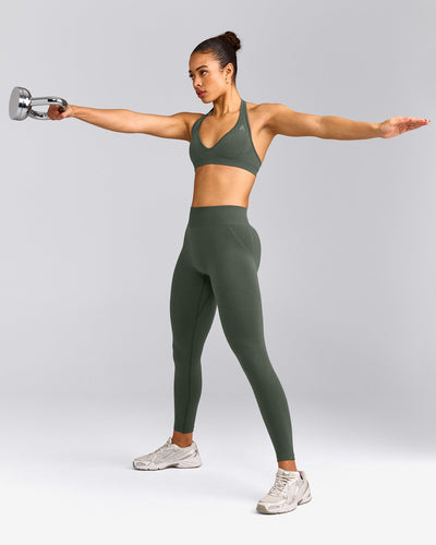 EffortlessLift™ Seamless Mid Rise Leggings with Grey Logo | Dark Khaki