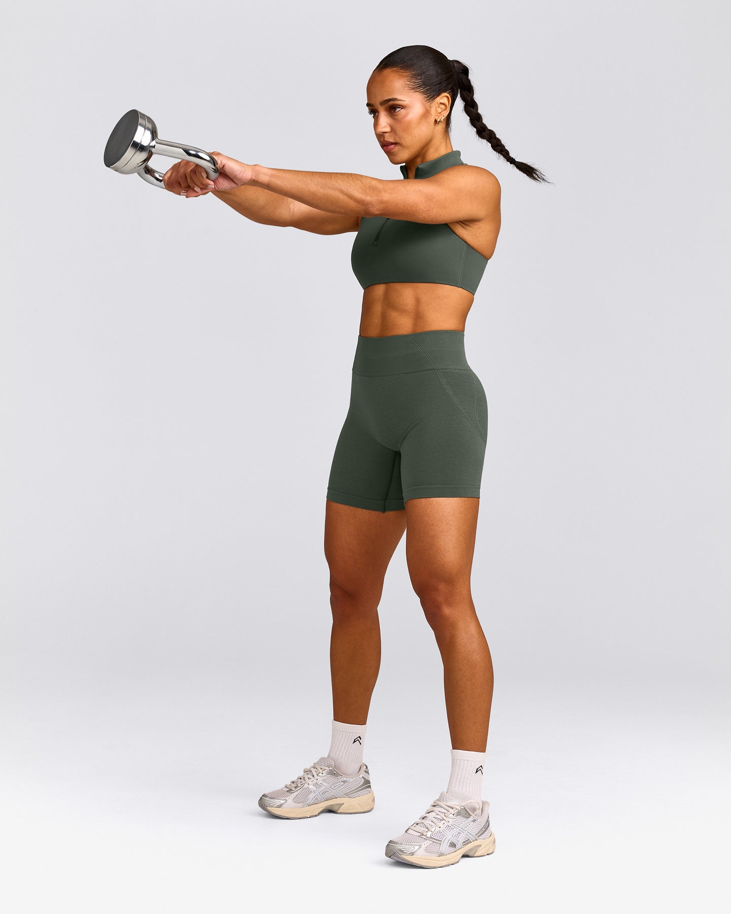 EffortlessLift™ Seamless Mid Rise Shorts with Grey Logo | Dark Khaki