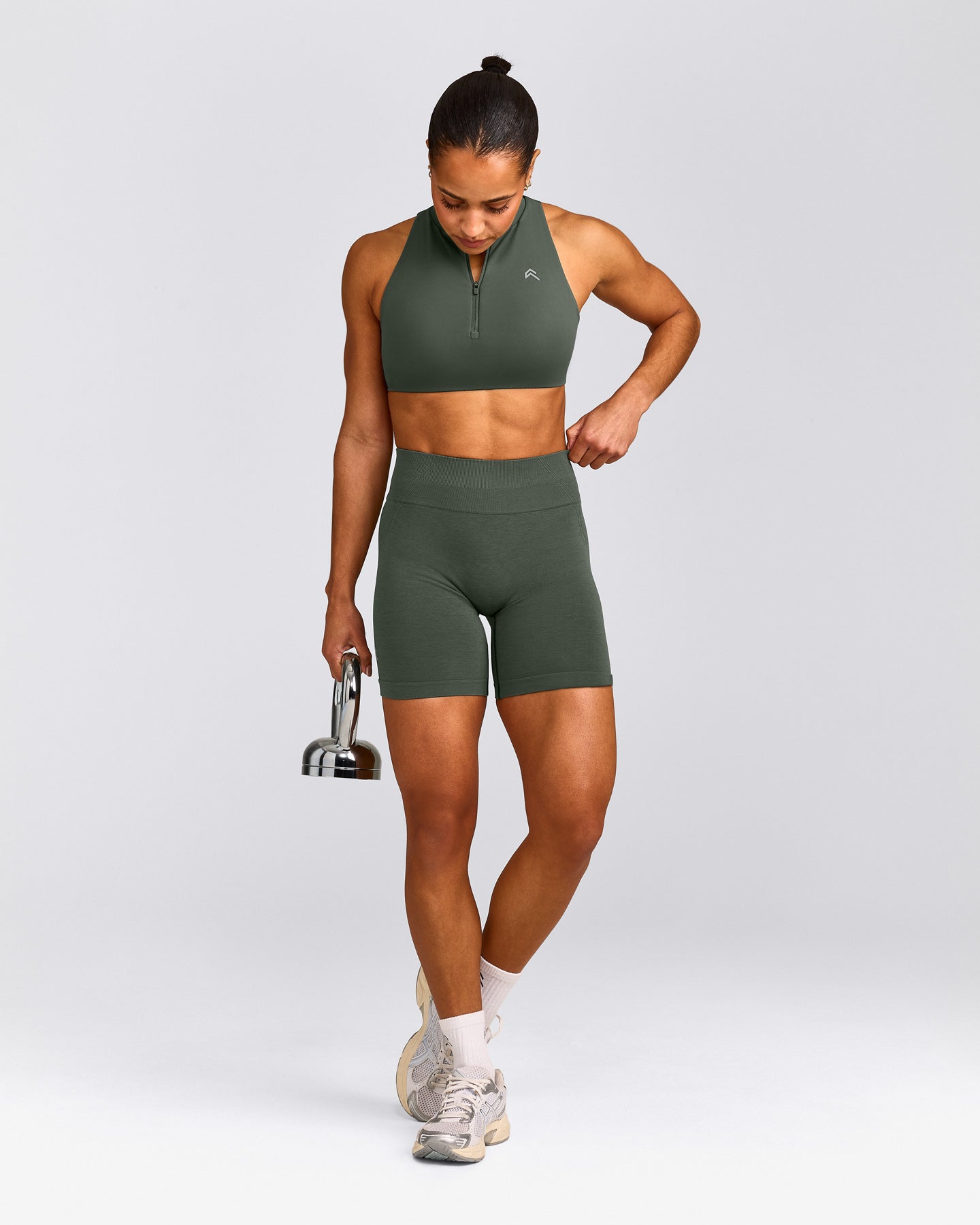 EffortlessLift™ Seamless Mid Rise Shorts with Grey Logo | Dark Khaki