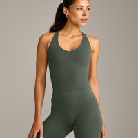 SoftMotion™ Racer Back Mid Vest with Built in Bra Shelf with Grey Logo | Dark Khaki