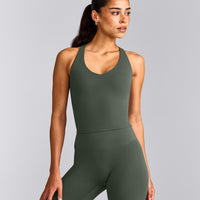 SoftMotion™ Racer Back Mid Tank Top with Built in Bra Shelf with Gray Logo | Dark Khaki