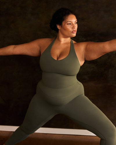 SoftMotion™ Racer Back Mid Vest with Built in Bra Shelf with Grey Logo | Dark Khaki