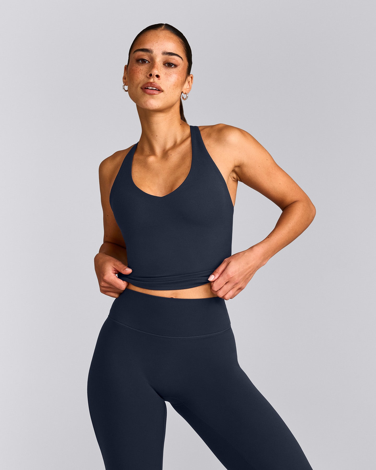 SoftMotion™ Racer Back Mid Vest with Built in Bra Shelf with Grey Logo | True Blue