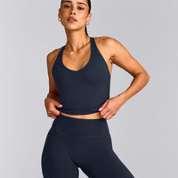 SoftMotion™ Racer Back Mid Vest with Built in Bra Shelf with Grey Logo | True Blue