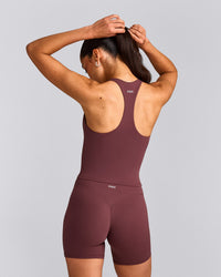 SoftMotion™ Racer Back Mid Tank Top with Built in Bra Shelf with Gray Logo | Velvet Mocha