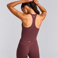 SoftMotion™ Racer Back Mid Tank Top with Built in Bra Shelf with Gray Logo | Velvet Mocha
