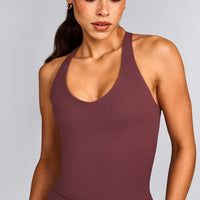 SoftMotion™ Racer Back Mid Tank Top with Built in Bra Shelf with Gray Logo | Velvet Mocha