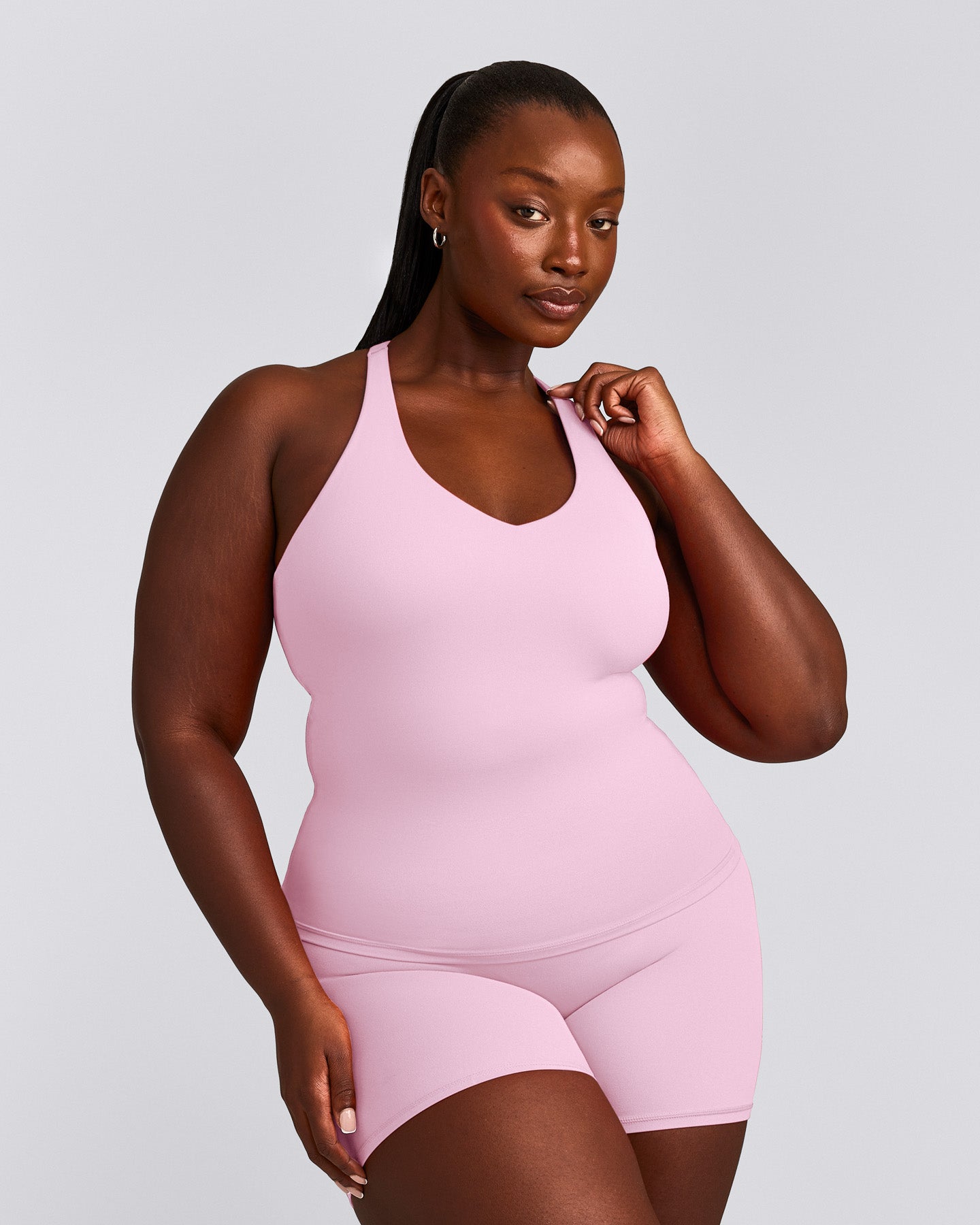 SoftMotion™ Racer Back Vest with Built in Bra Shelf with Grey Logo | Chalk Pink