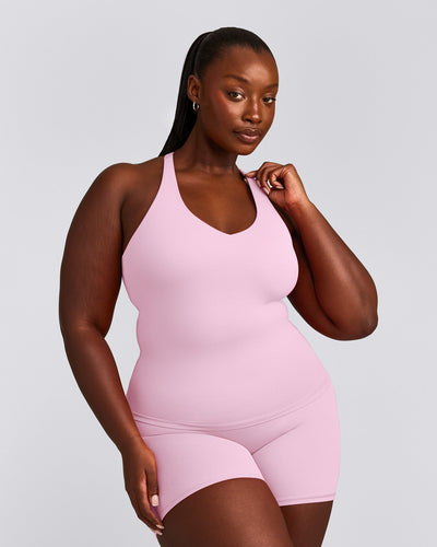 SoftMotion™ Racer Back Vest with Built in Bra Shelf with Grey Logo | Chalk Pink