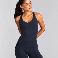 SoftMotion™ Racer Back Vest with Built in Bra Shelf with Grey Logo | True Blue