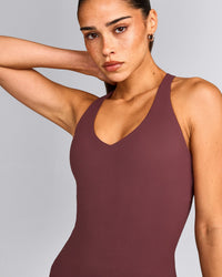 SoftMotion™ Racer Back Tank Top with Built in Bra Shelf with Gray Logo | Velvet Mocha