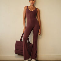 SoftMotion™ Scoop Back Flared All In One Long with Grey Logo | Velvet Mocha